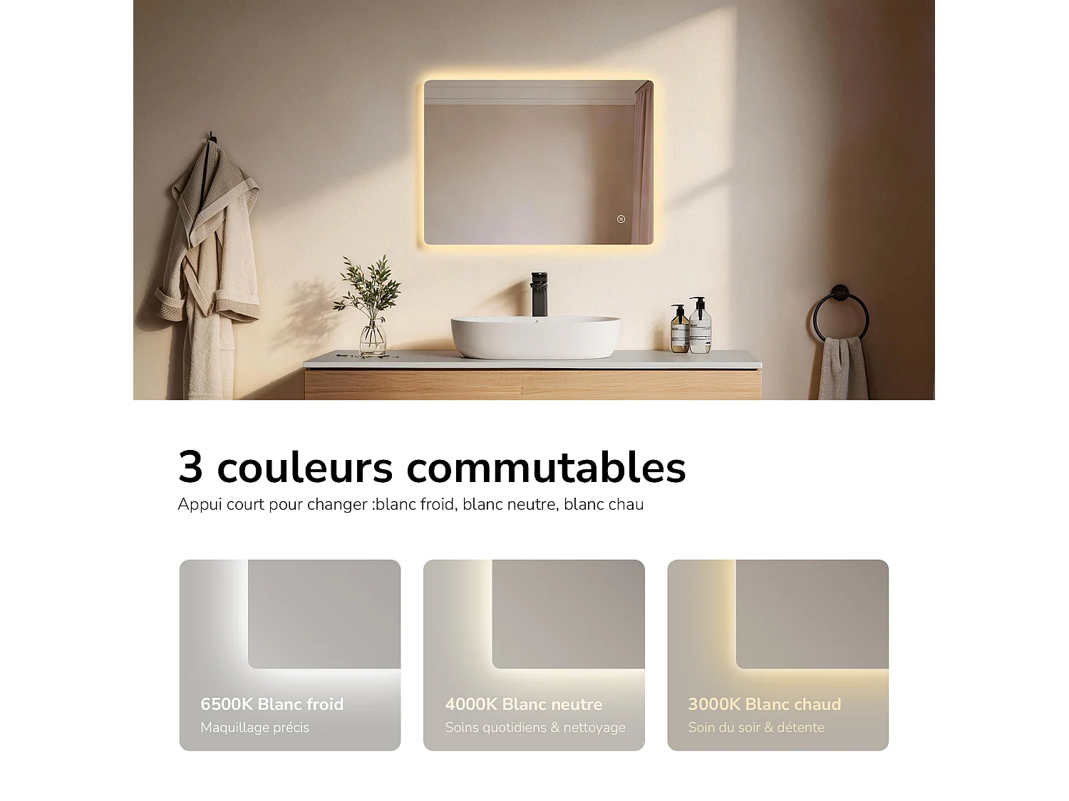 EMKE LED Badkamerspiegel 80 x 60 cm, Anti Condensfunctie, Touchbediening, Instelbare Helderheid, 3 Kleurtemperaturen, Geheugenfunctie