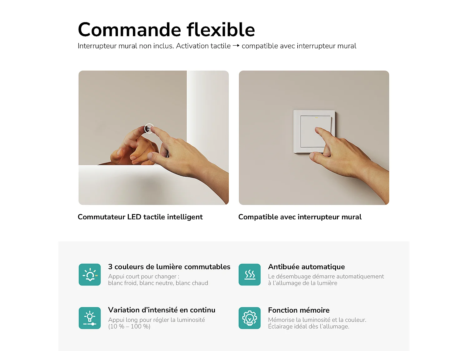 EMKE LED Badkamerspiegel 80 x 60 cm, Anti Condensfunctie, Touchbediening, Instelbare Helderheid, 3 Kleurtemperaturen, Geheugenfunctie