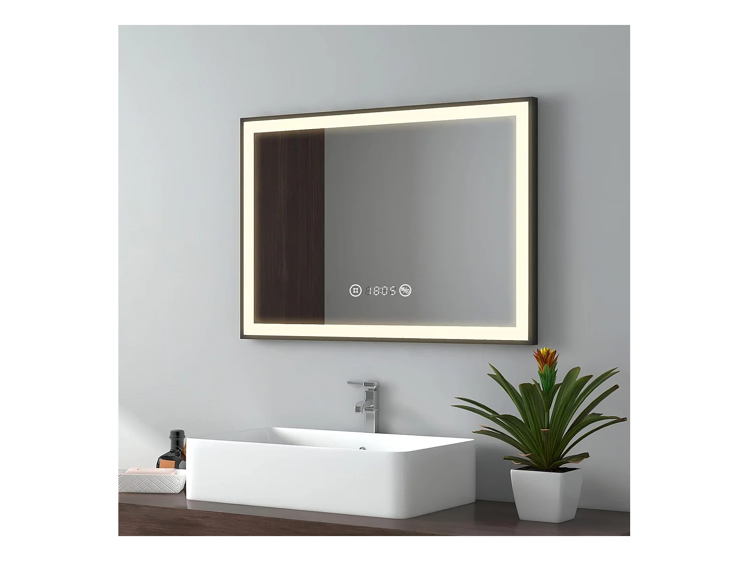 EMKE Miroir lumineux salle de bain 70x50cm, cadre noir, Miroir LED avec Interrupteur Tactile, Anti-buée, Horloge et Température, Lumière Neutre