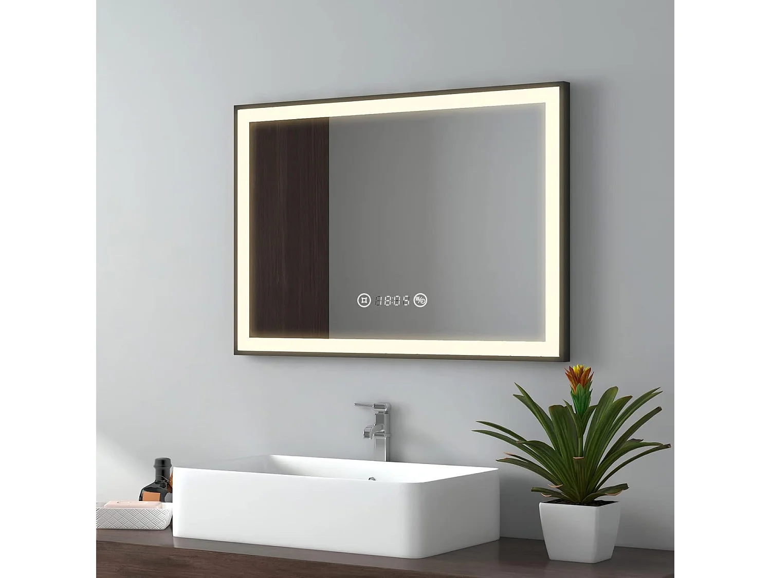 EMKE Miroir lumineux salle de bain 70x50cm, cadre noir, Miroir LED avec Interrupteur Tactile, Anti-buée, Horloge et Température, Lumière Neutre