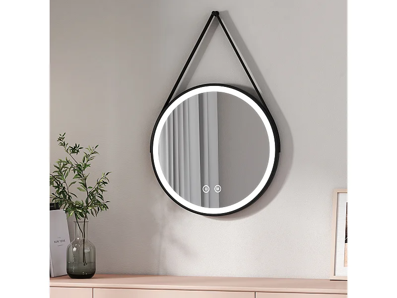 EMKE LED Specchio da bagno rotondo con cornice nera e tracolla regolabile Interruttore a sfioramento - Diametro 50 cm Luce bianca fredda/calda/neutra