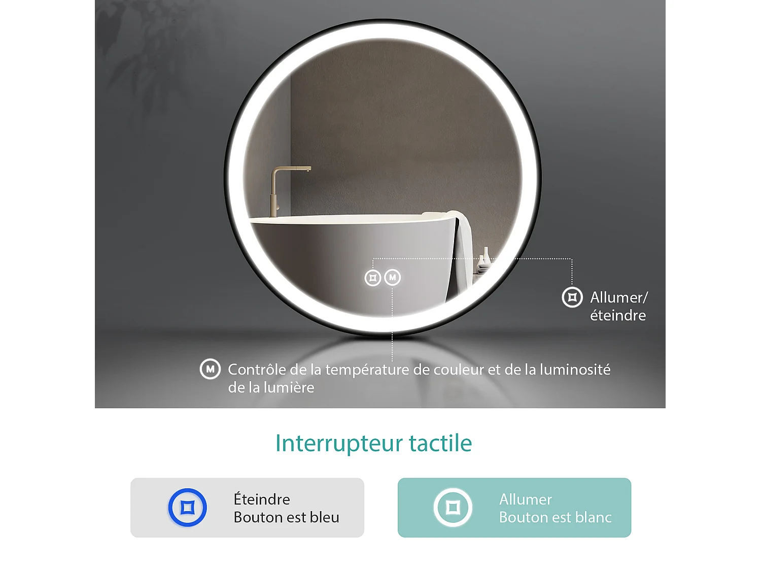 EMKE Miroir lumineux salle de bain rond diamètre 50cm cadre noir, Sangle réglable, Miroir LED avec Interrupteur Tactile, Lumière Froide/Chaude/Neutre