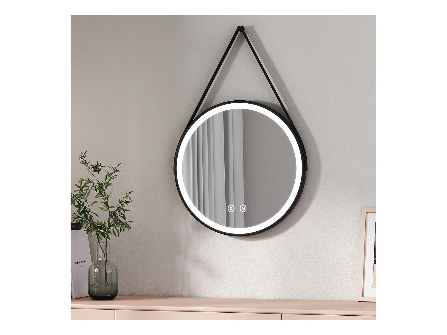 EMKE LED Specchio da bagno rotondo con cornice nera e tracolla regolabile Interruttore a sfioramento - Diametro 50 cm Luce bianca fredda/calda/neutra