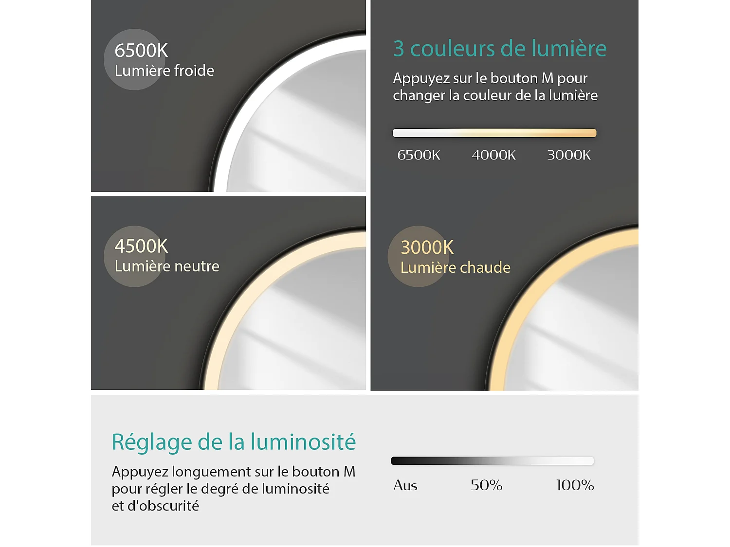 EMKE LED Specchio da bagno rotondo con cornice nera e tracolla regolabile Interruttore a sfioramento - Diametro 50 cm Luce bianca fredda/calda/neutra