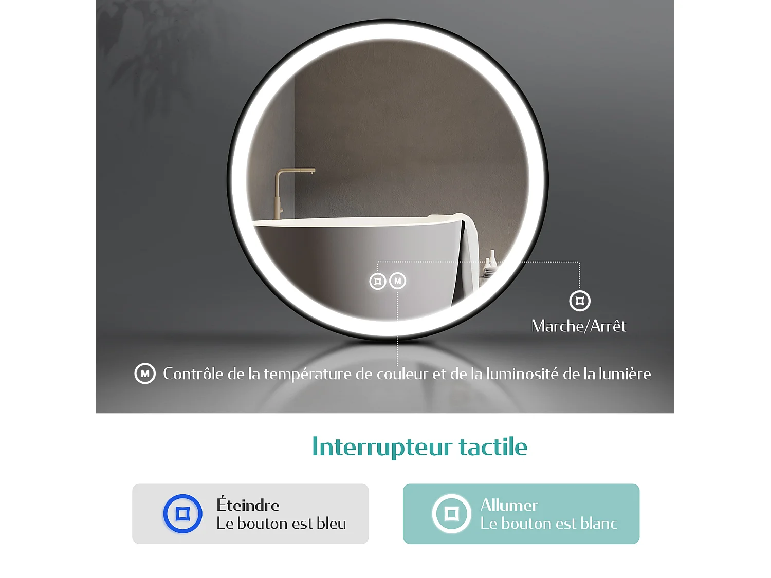 EMKE Miroir LED Rond de Salle de Bain, Diamètre 50 cm, Cadre Noir, Sangle réglable, Interrupteur Tactile, Lumière 3 Couleurs