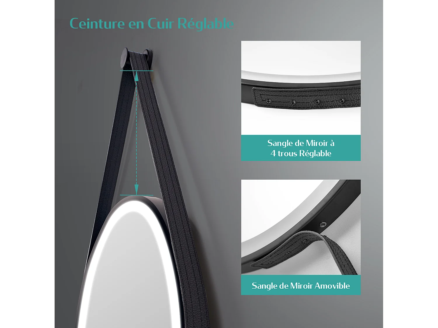 EMKE Miroir LED Rond de Salle de Bain, Diamètre 50 cm, Cadre Noir, Sangle réglable, Interrupteur Tactile, Lumière 3 Couleurs