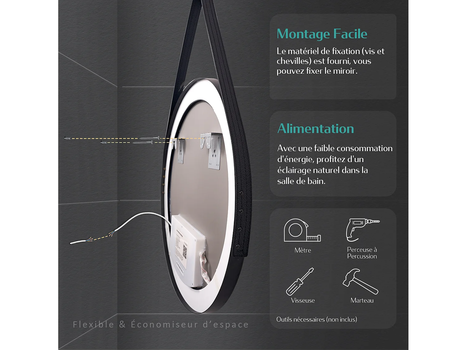 EMKE Miroir LED Rond de Salle de Bain, Diamètre 50 cm, Cadre Noir, Sangle réglable, Interrupteur Tactile, Lumière 3 Couleurs