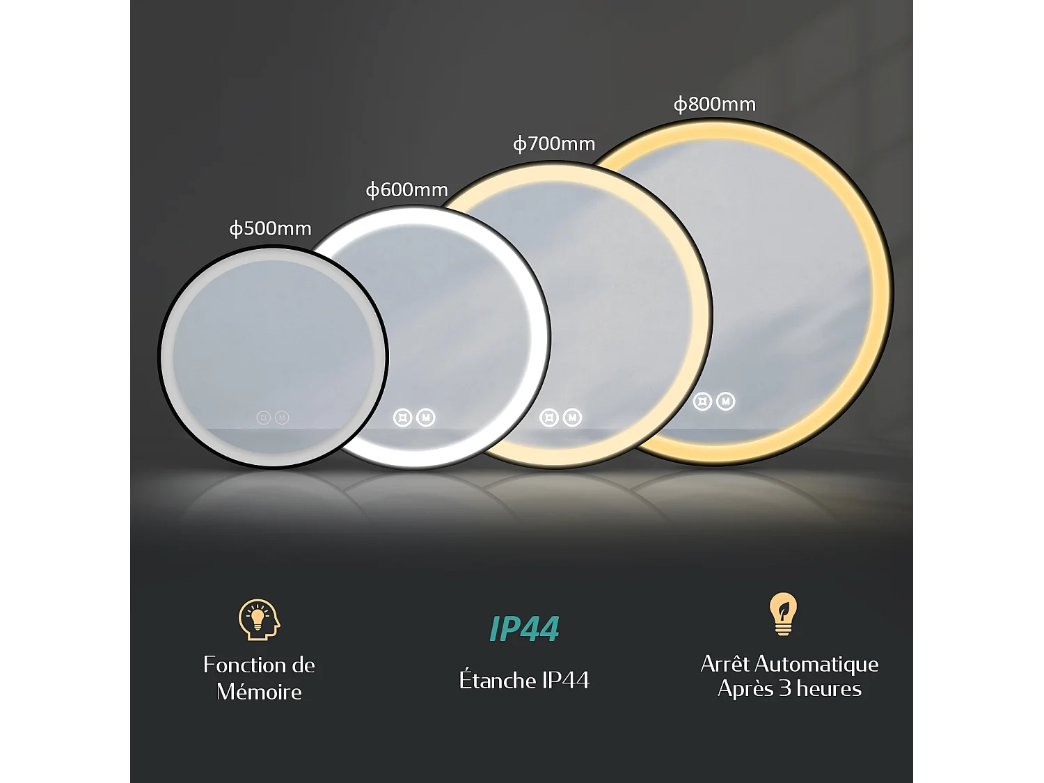 EMKE Miroir LED Rond de Salle de Bain, Diamètre 50 cm, Cadre Noir, Sangle réglable, Interrupteur Tactile, Lumière 3 Couleurs