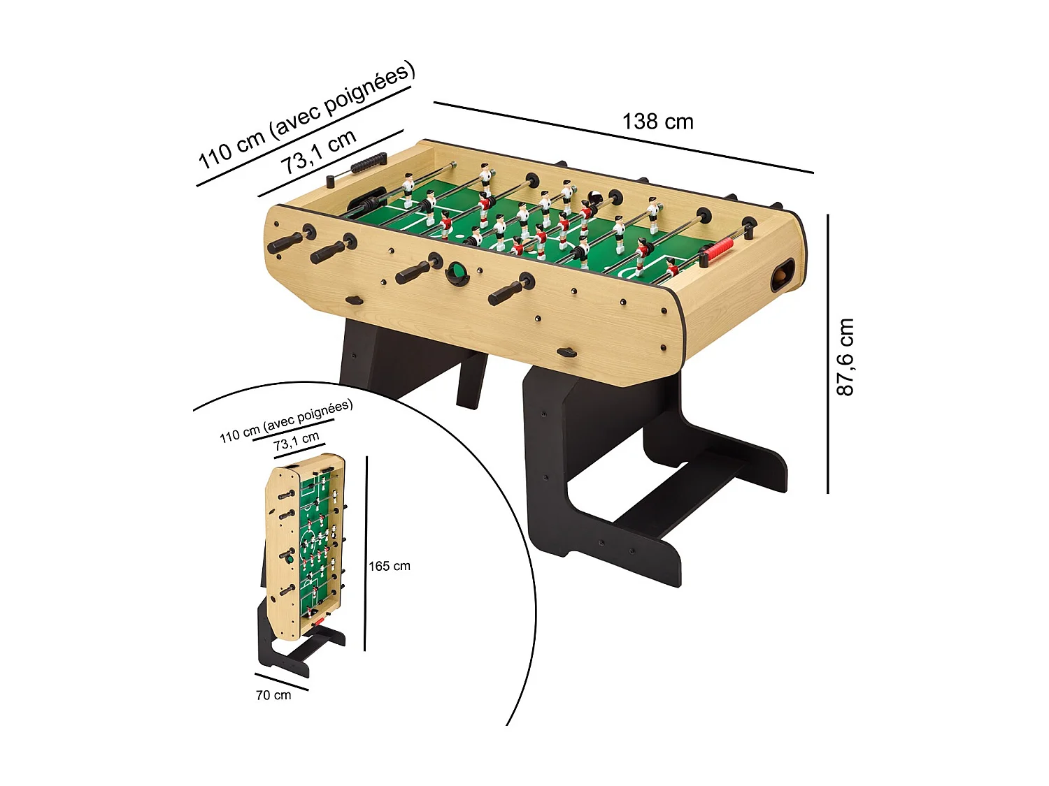 Baby-foot pliable - Barres télescopiques - Robuste - 2 à 4 joueurs - 3 Balles liège inclues