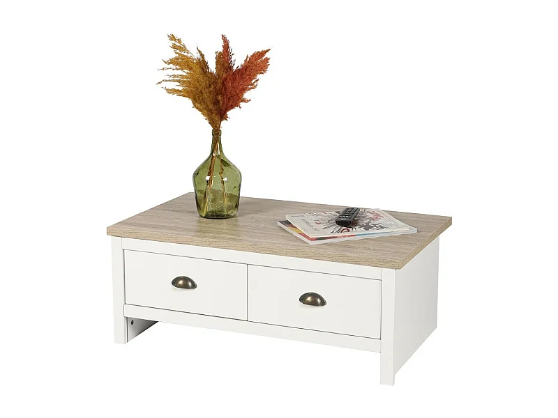 Table basse avec 2 tiroirs design colonial – 90x53xH36 cm, coloris blanc et plateau chêne clair – Collection MADERA