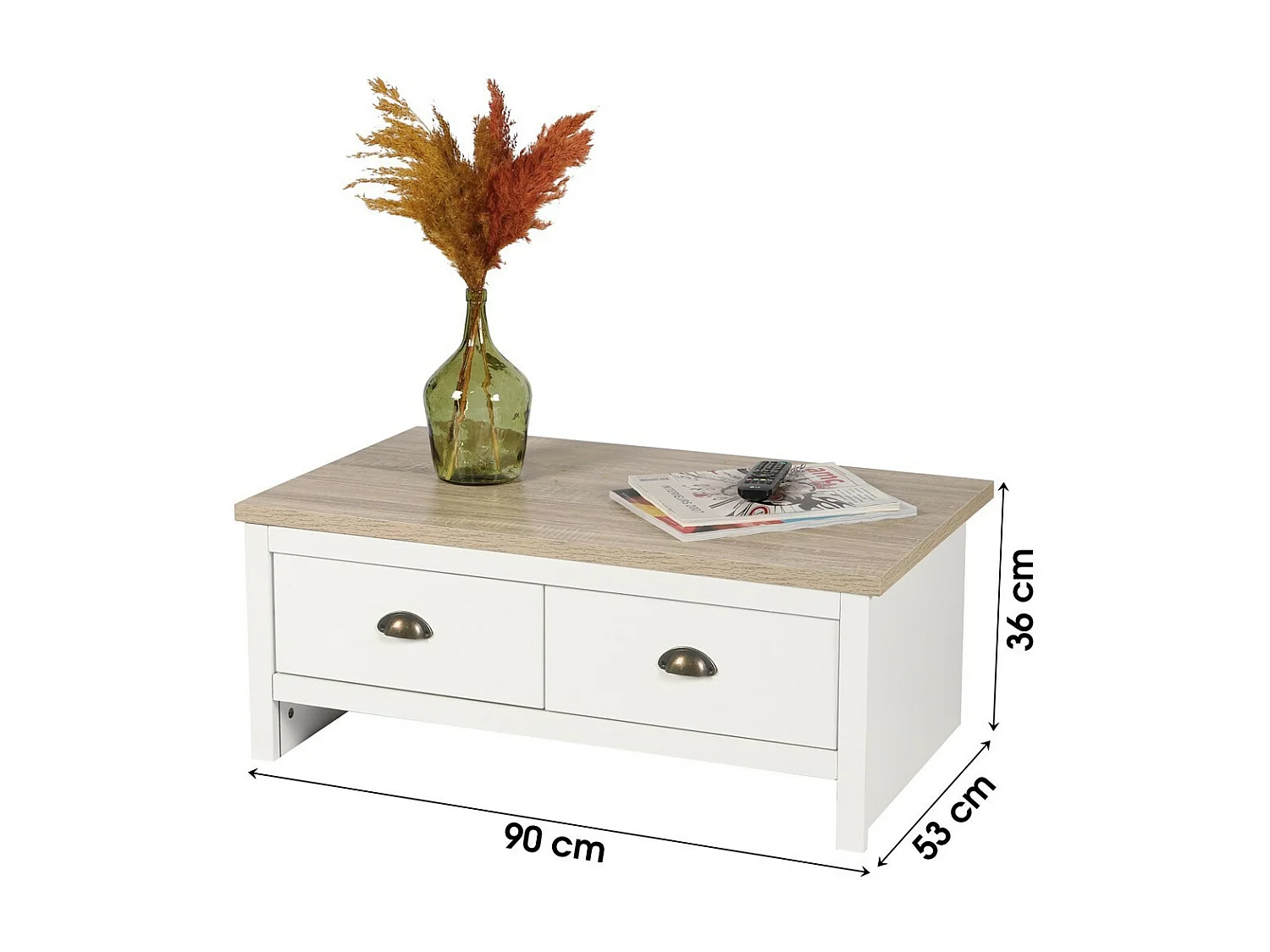 Mesa baja con 2 cajones de diseño colonial - 90x53xH36 cm, color blanco y tapa de roble claro - Colección MADERA
