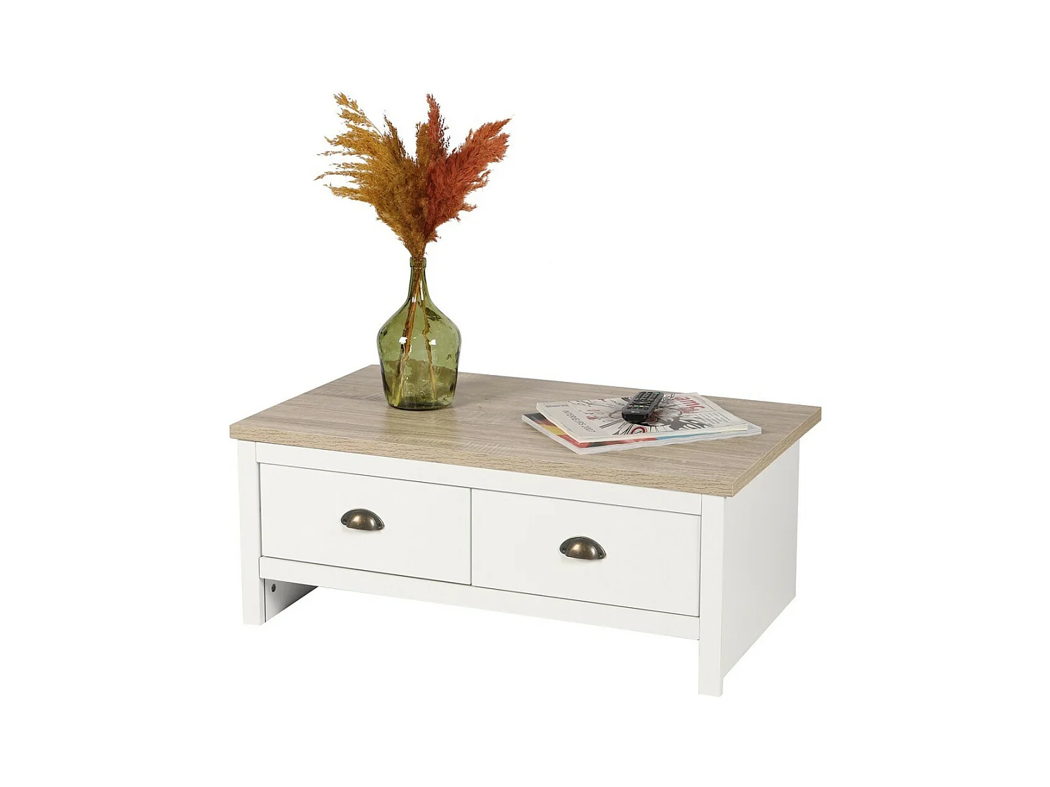 Table basse avec 2 tiroirs design colonial – 90x53xH36 cm, coloris blanc et plateau chêne clair – Collection MADERA