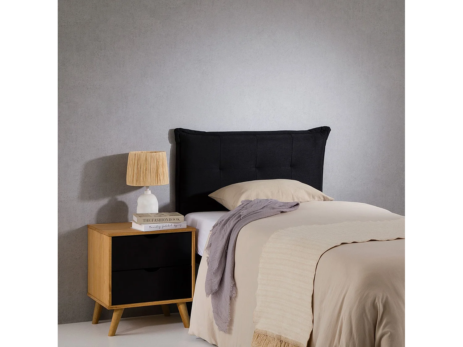 Tête de lit JALEYA 90 capitonnée, En tissu rembourré, Pieds en bois, Design élégant, Pour lits 90 cm, Noir