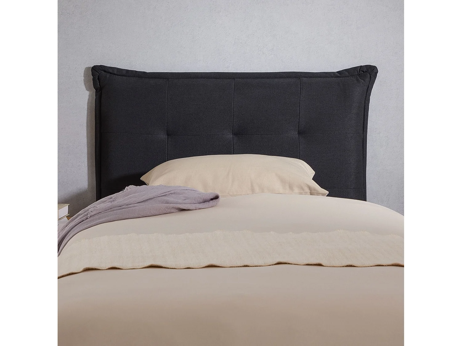 Tête de lit JALEYA 90 capitonnée, En tissu rembourré, Pieds en bois, Design élégant, Pour lits 90 cm, Noir