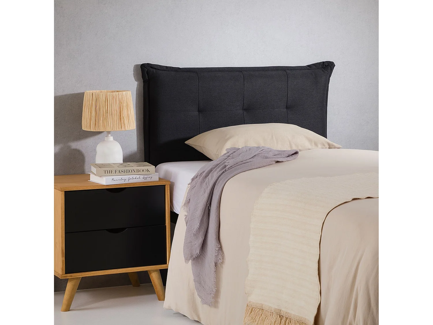 Tête de lit JALEYA 90 capitonnée, En tissu rembourré, Pieds en bois, Design élégant, Pour lits 90 cm, Noir