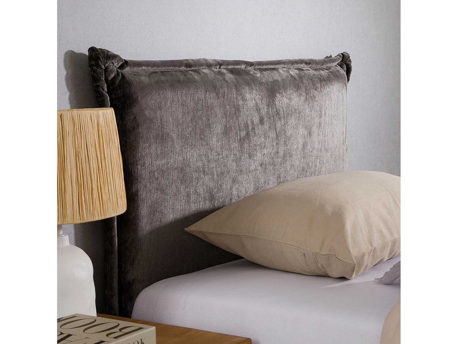 Tête de lit DELMO 90 rembourrée, En tissu polyester pour lit 90 cm, Sur pieds en bois, Gris