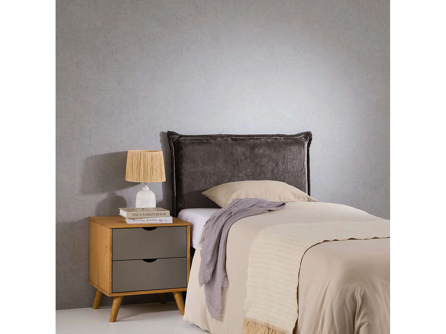 Tête de lit DELMO 90 rembourrée, En tissu polyester pour lit 90 cm, Sur pieds en bois, Gris