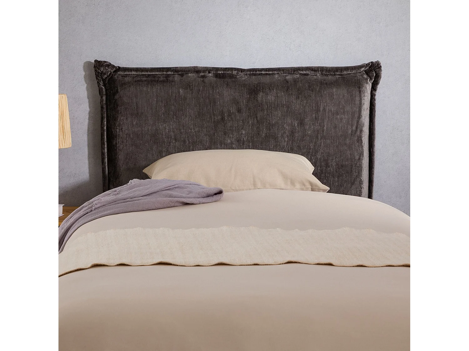 Tête de lit DELMO 90 rembourrée, En tissu polyester pour lit 90 cm, Sur pieds en bois, Gris