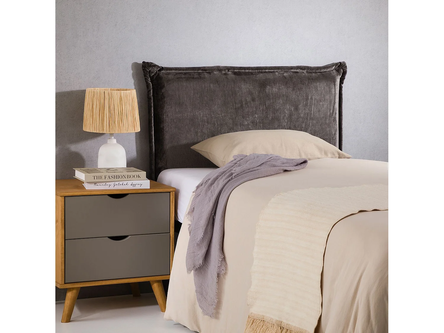 Tête de lit DELMO 90 rembourrée, En tissu polyester pour lit 90 cm, Sur pieds en bois, Gris