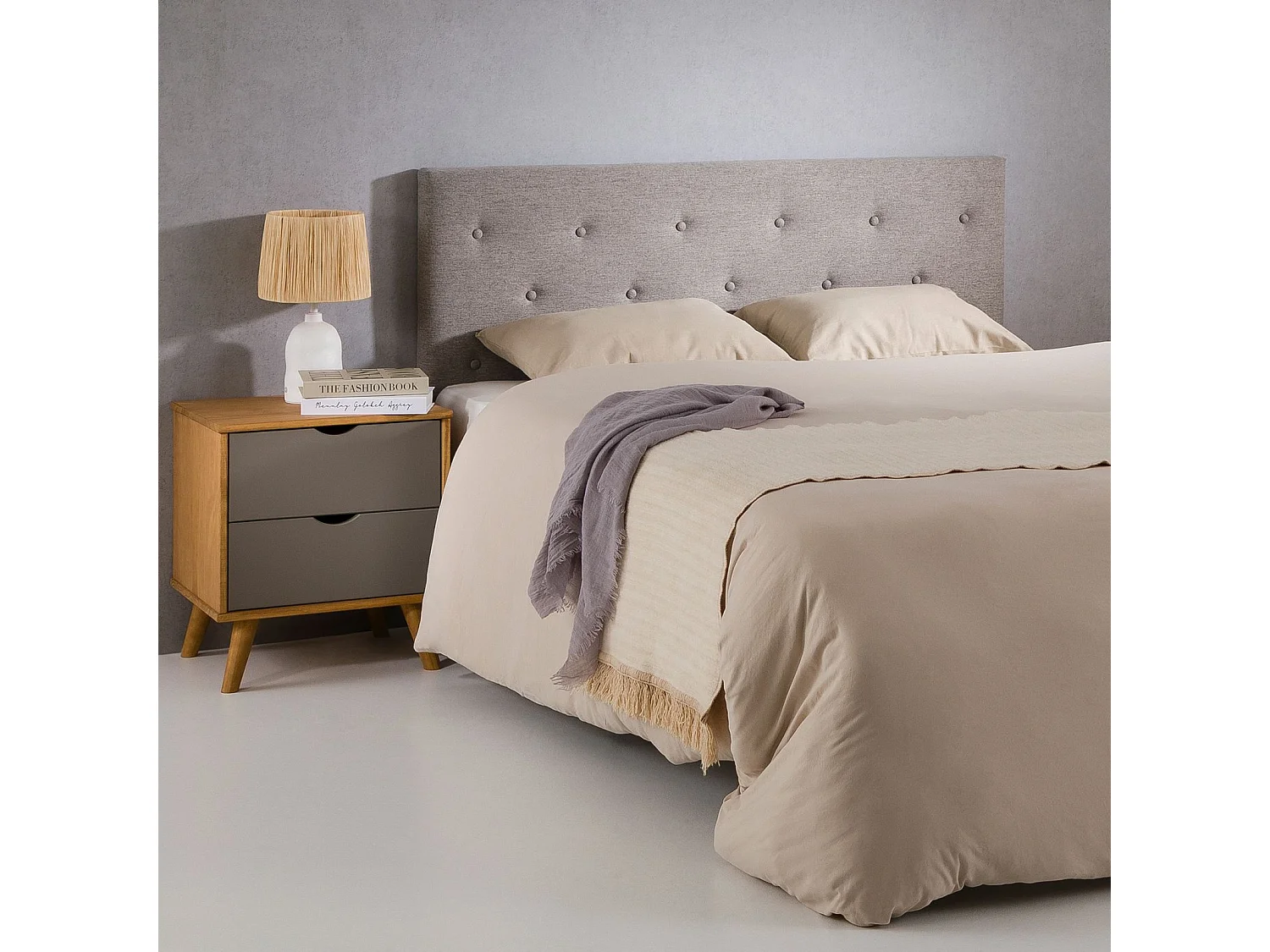 Tête de lit LULINE 160 capitonnée, En tissu rembourré, Pieds en bois, Design élégant, Pour lits 160 cm, Gris