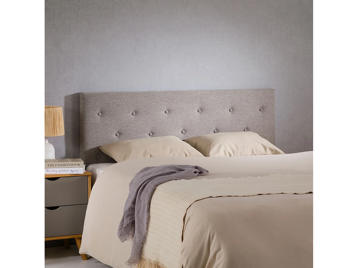 Tête de lit LULINE 160 capitonnée, En tissu rembourré, Pieds en bois, Design élégant, Pour lits 160 cm, Gris