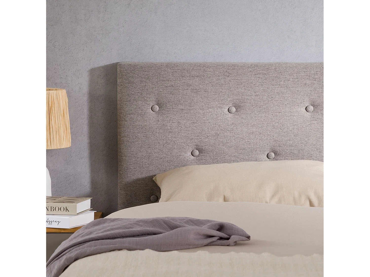 Tête de lit LULINE 160 capitonnée, En tissu rembourré, Pieds en bois, Design élégant, Pour lits 160 cm, Gris