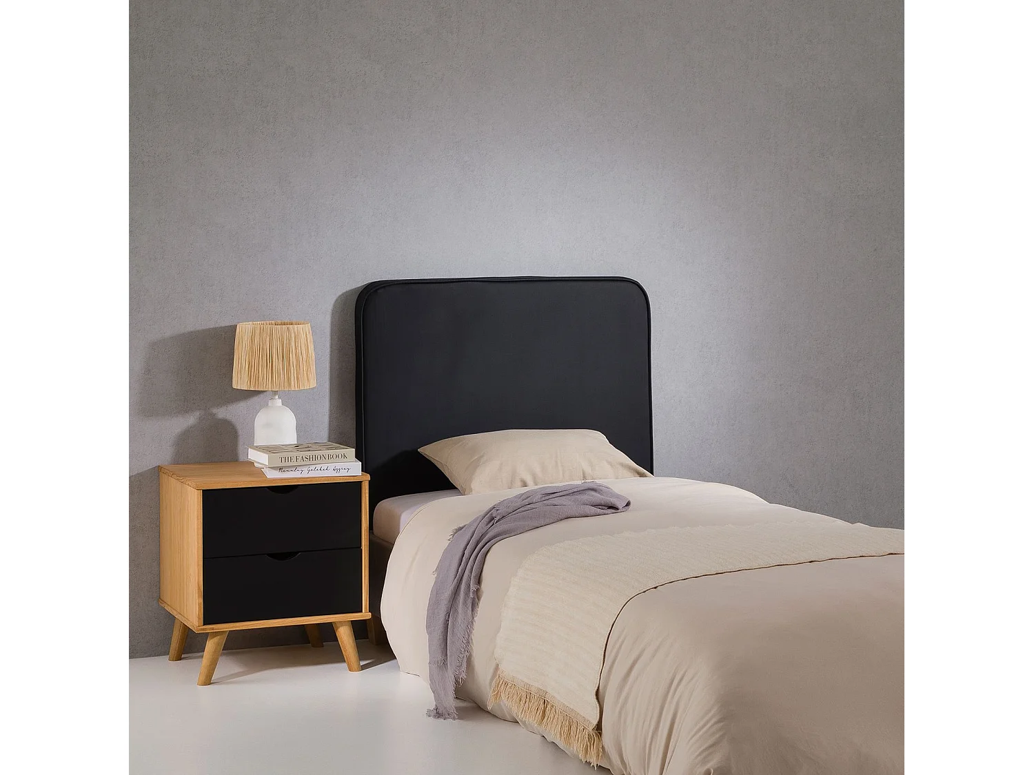 Tête de lit ARIELA 90, Rembourrée, Fixation murale, Design arrondi moderne, Pour lit 90 cm ou moins, Noir