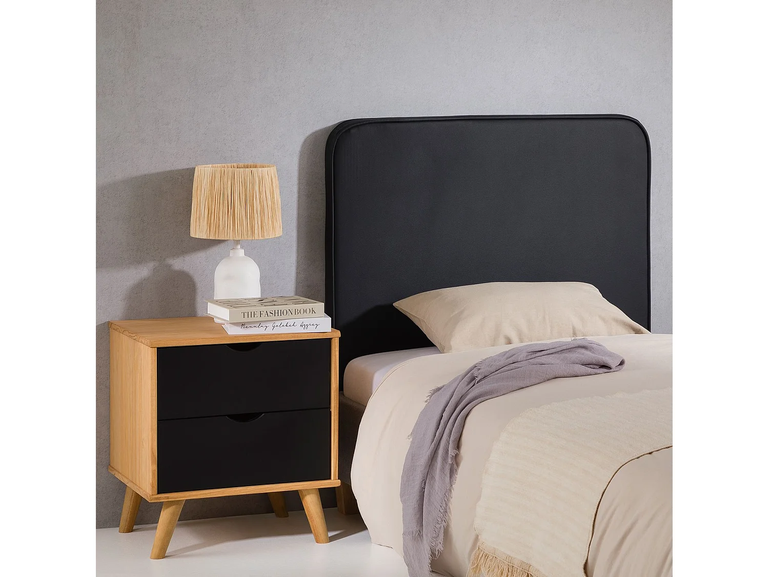 Tête de lit ARIELA 90, Rembourrée, Fixation murale, Design arrondi moderne, Pour lit 90 cm ou moins, Noir