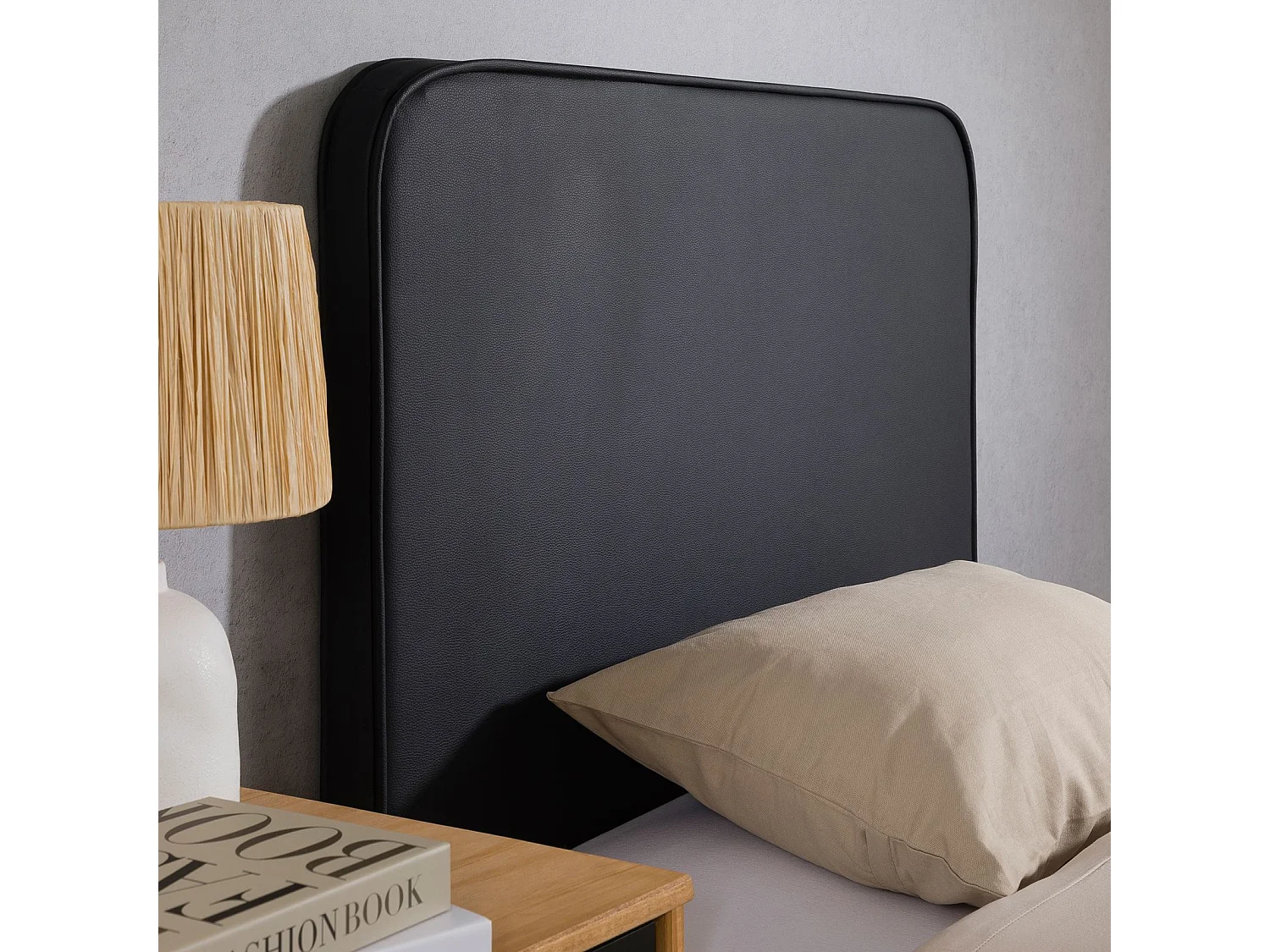 Tête de lit ARIELA 90, Rembourrée, Fixation murale, Design arrondi moderne, Pour lit 90 cm ou moins, Noir