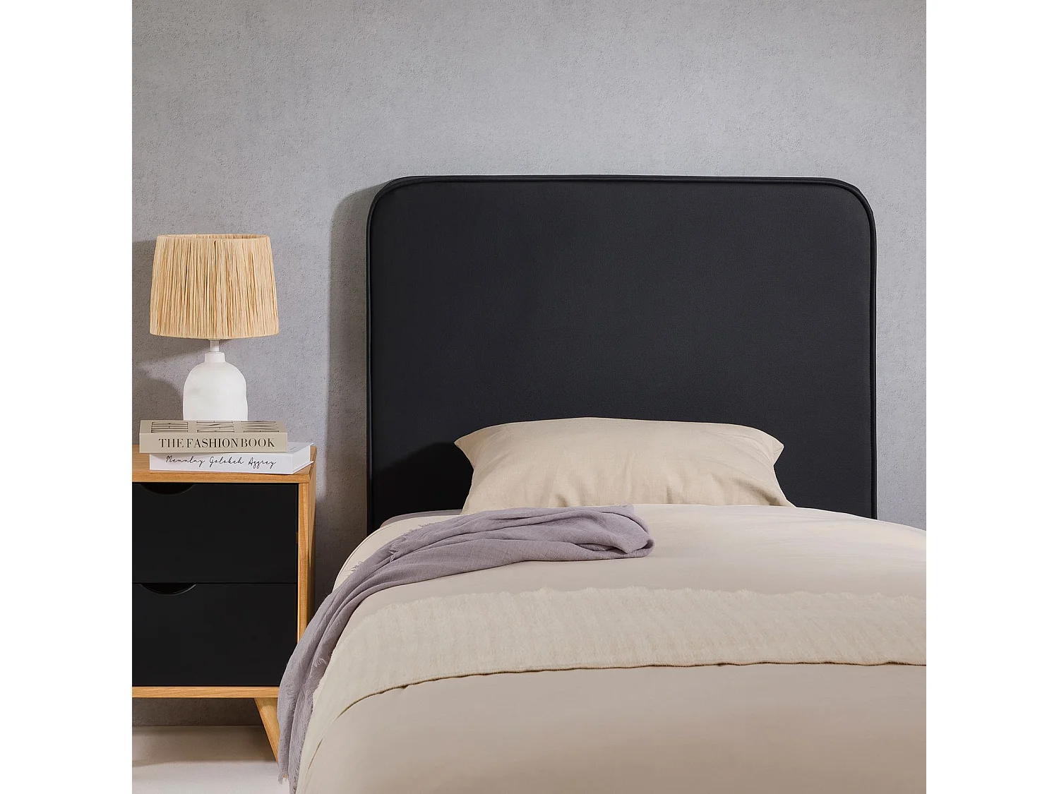 Tête de lit ARIELA 90, Rembourrée, Fixation murale, Design arrondi moderne, Pour lit 90 cm ou moins, Noir