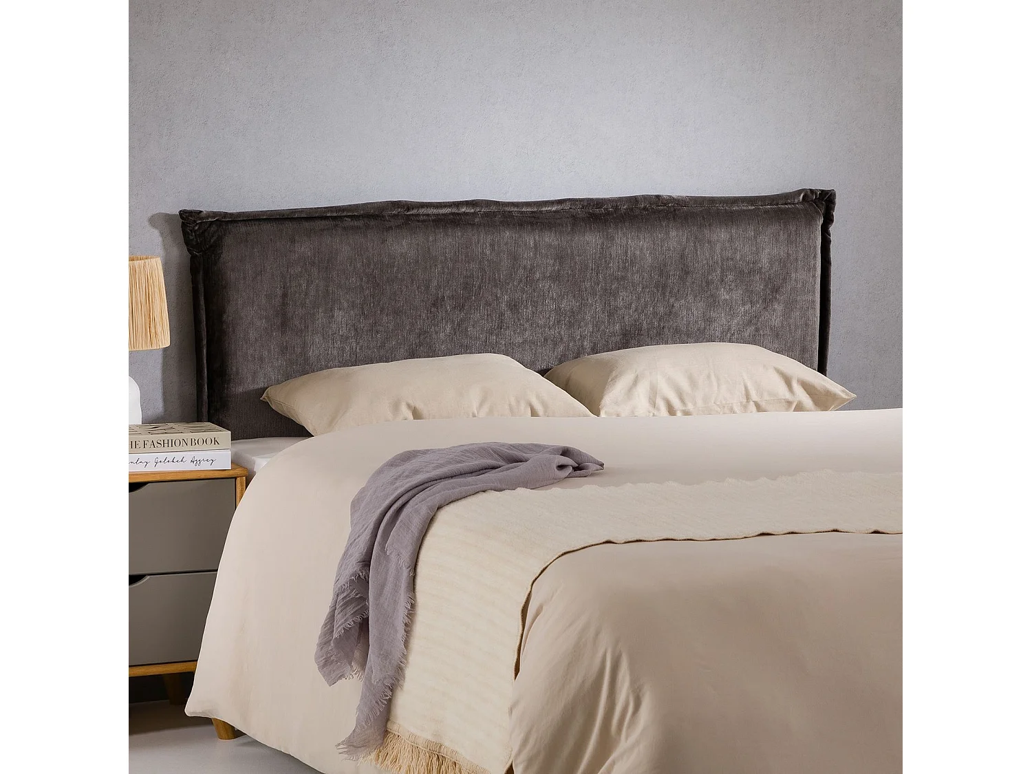 Tête de lit ELORE 140 rembourrée, En tissu polyester pour lit 140 cm, Sur pieds en bois, Gris