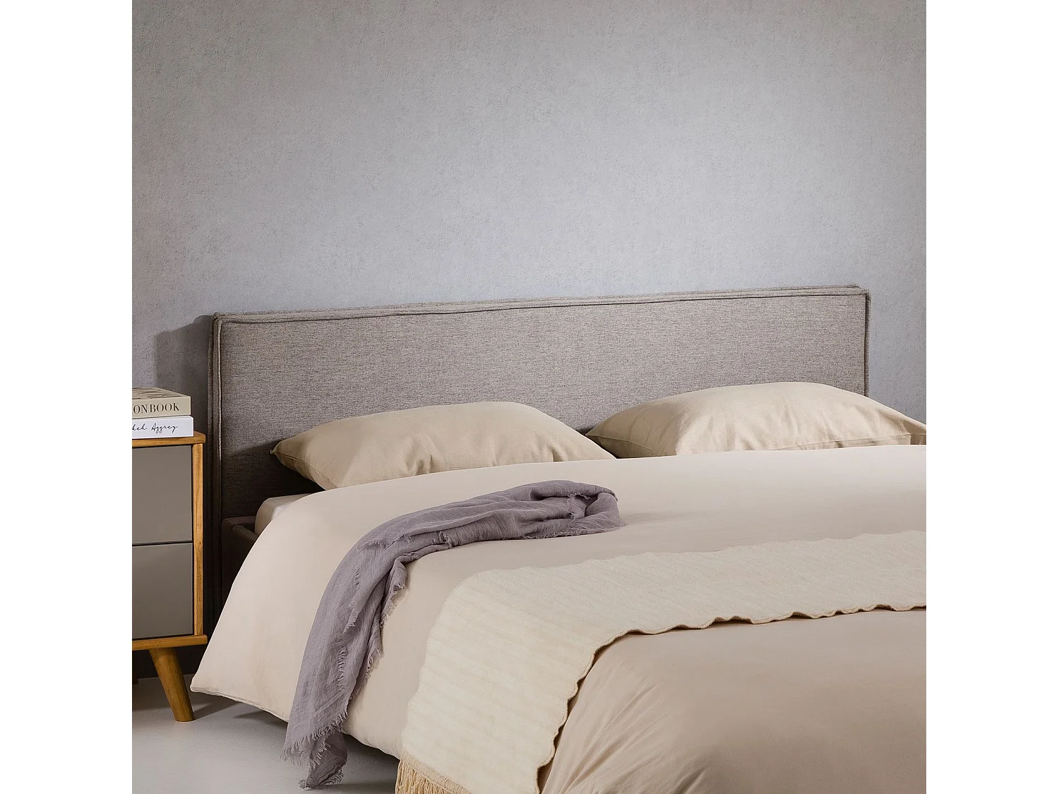 Tête de lit KLAO 160 rembourrée, En tissu polyester pour lit 160 cm, Sur pieds en plastique, Gris