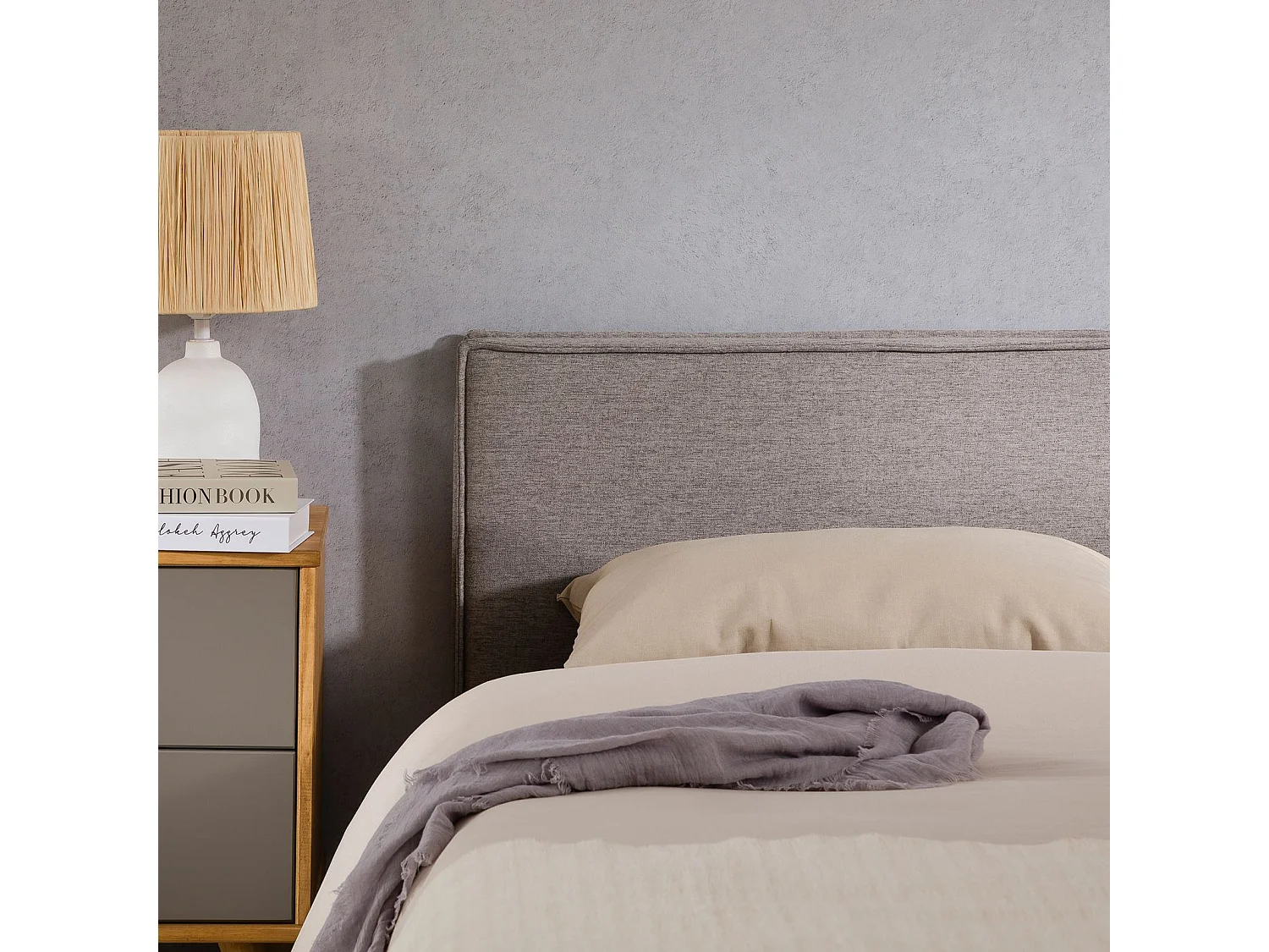 Tête de lit KLAO 160 rembourrée, En tissu polyester pour lit 160 cm, Sur pieds en plastique, Gris