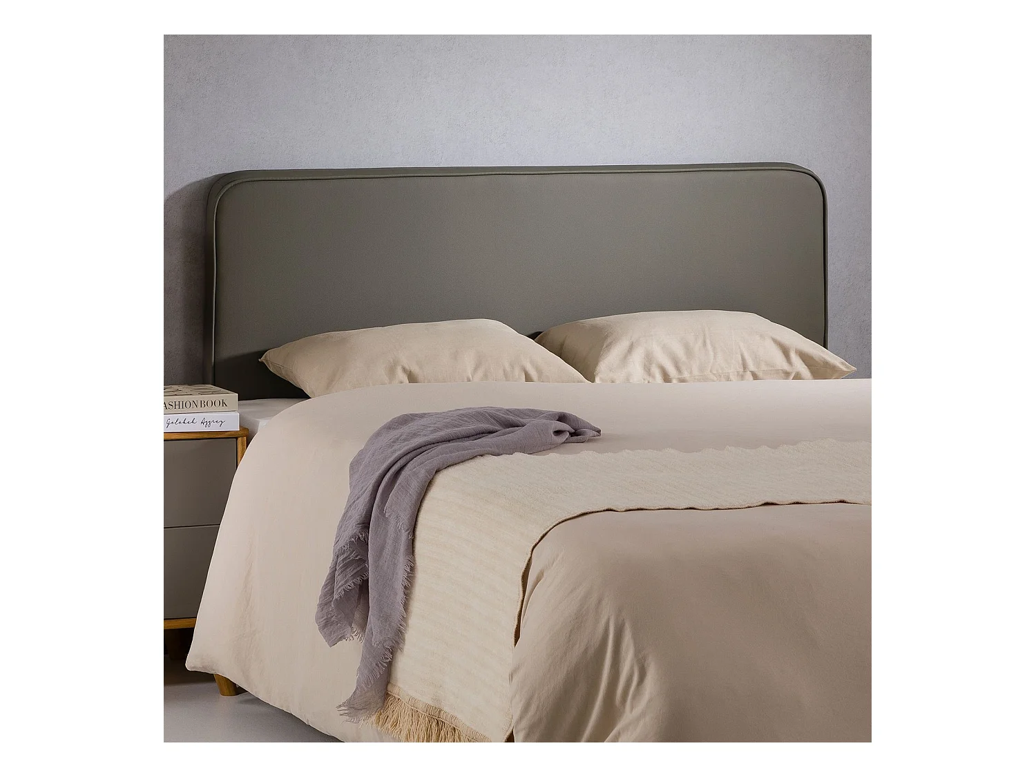 Tête de lit RIVEN 140, Rembourrée, Fixation murale, Design arrondi moderne, Pour lit 140 cm ou moins, Gris