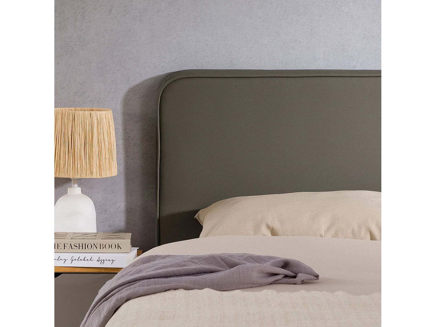 Tête de lit RIVEN 140, Rembourrée, Fixation murale, Design arrondi moderne, Pour lit 140 cm ou moins, Gris