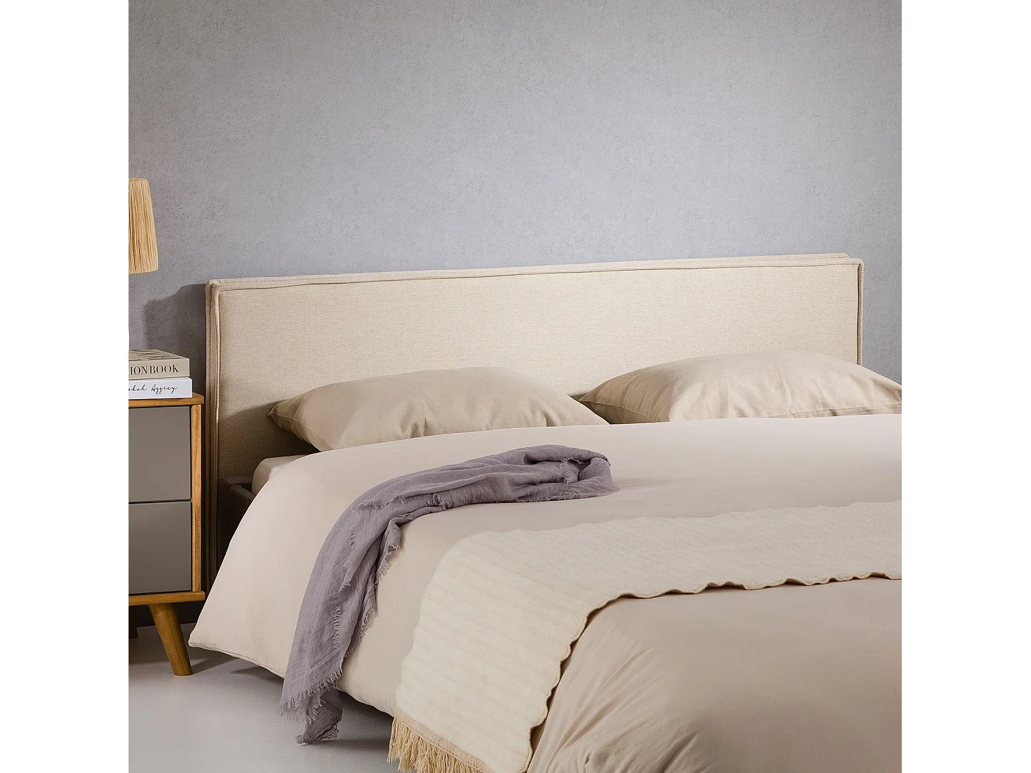 Tête de lit KLAO 160 rembourrée, En tissu polyester pour lit 160 cm, Sur pieds en plastique, Écru