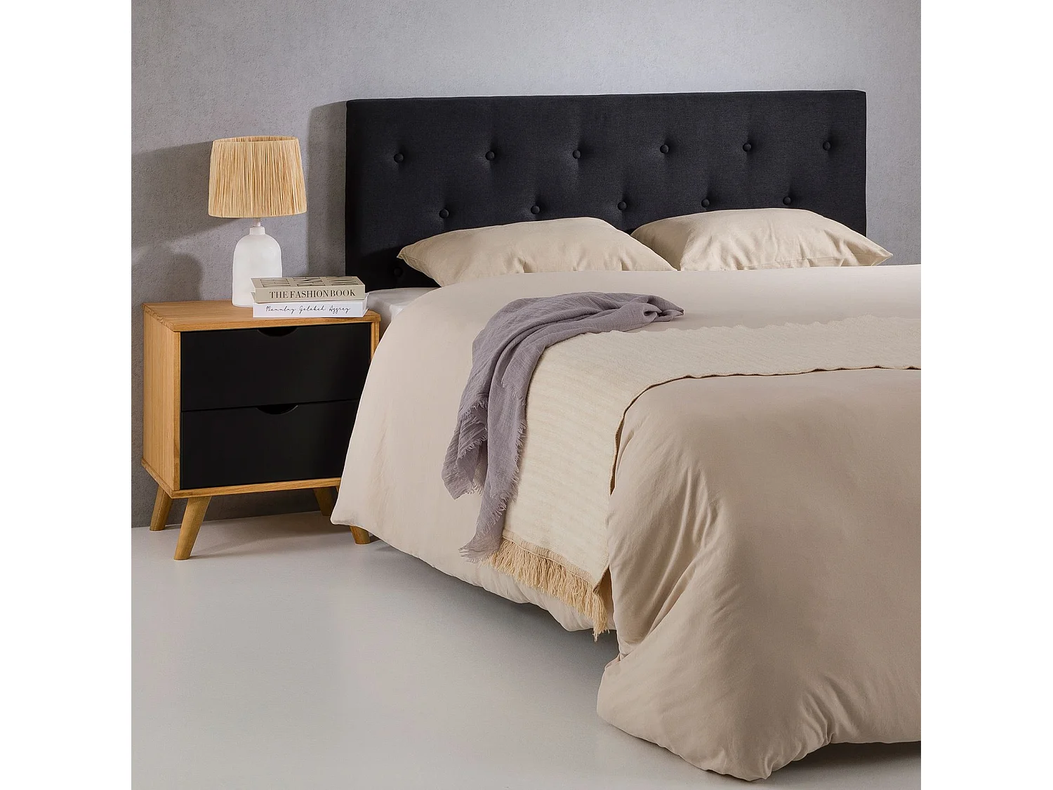 Tête de lit LULINE 160 capitonnée, En tissu rembourré, Pieds en bois, Design élégant, Pour lits 160 cm, Noir
