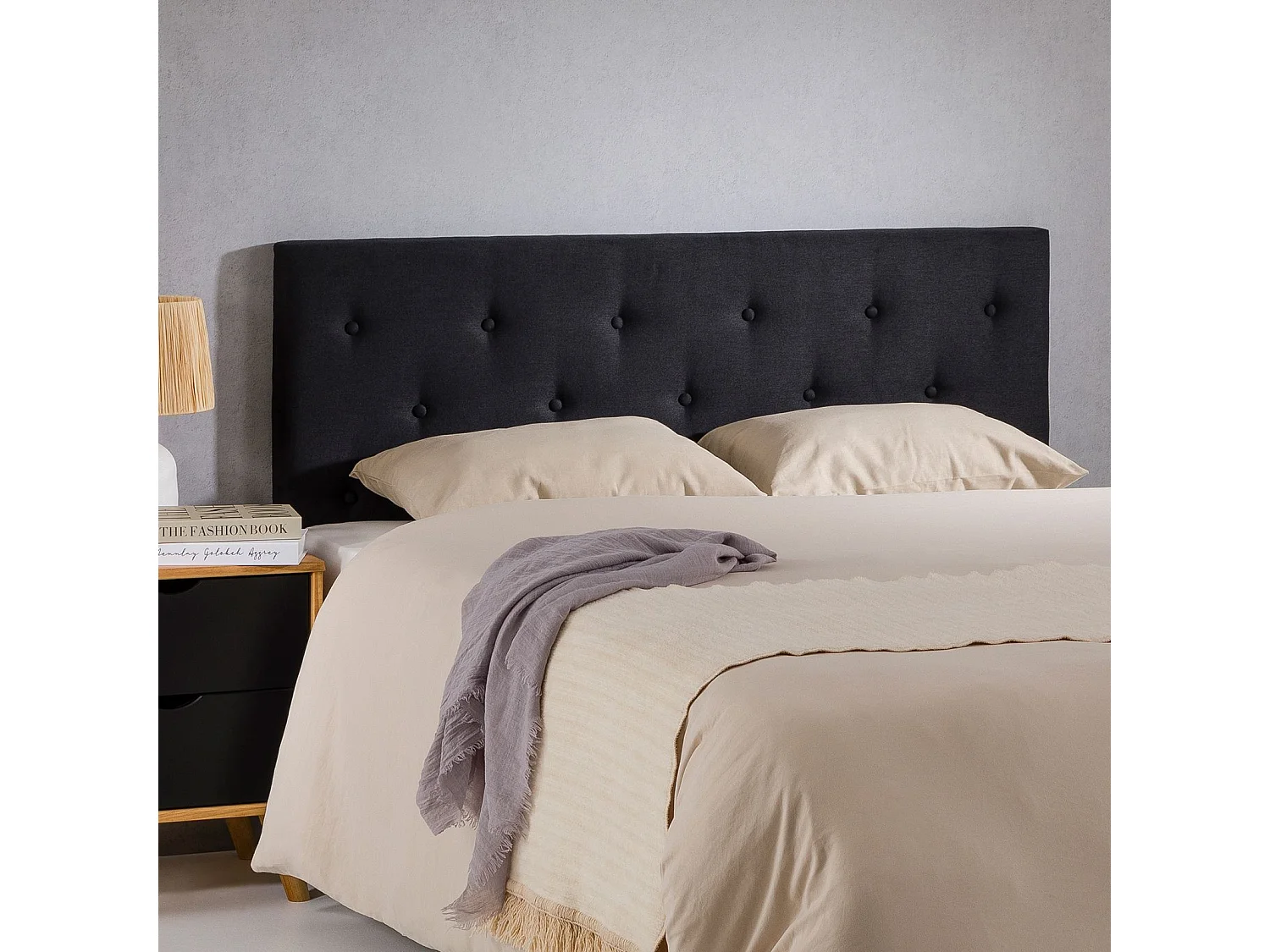 Tête de lit LULINE 160 capitonnée, En tissu rembourré, Pieds en bois, Design élégant, Pour lits 160 cm, Noir