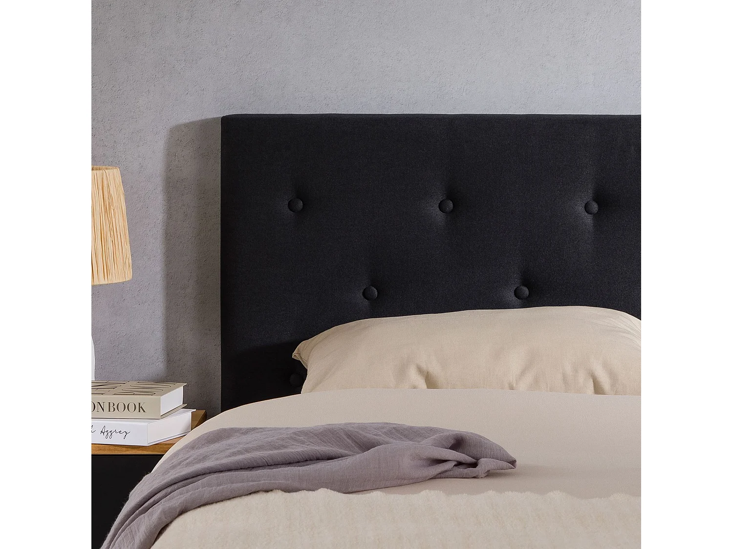 Tête de lit LULINE 160 capitonnée, En tissu rembourré, Pieds en bois, Design élégant, Pour lits 160 cm, Noir