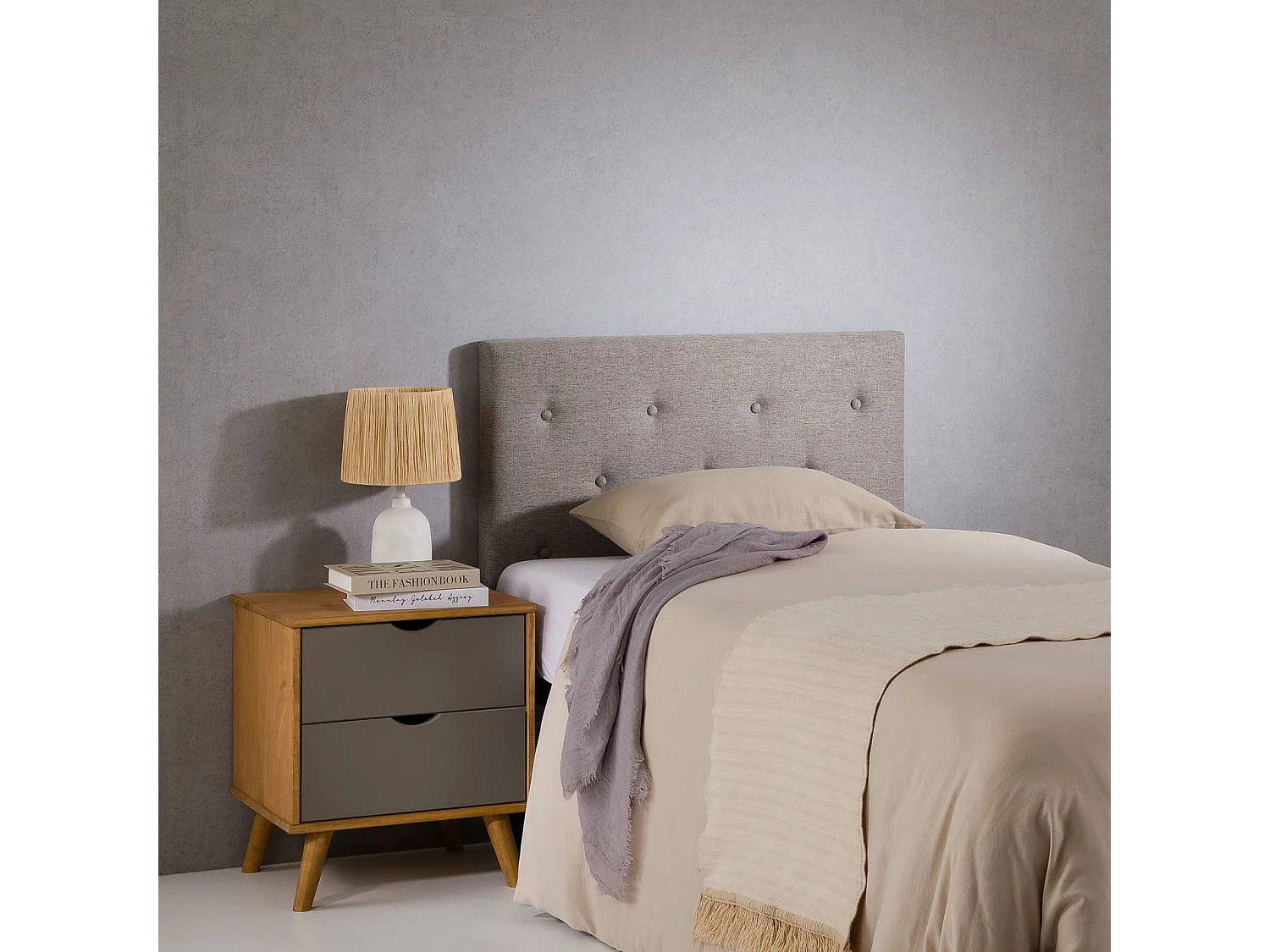 Tête de lit MAVELI 90 capitonnée, En tissu rembourré, Pieds en bois, Design élégant, Pour lits 90 cm, Gris