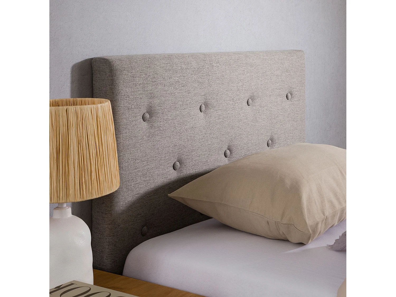 Tête de lit MAVELI 90 capitonnée, En tissu rembourré, Pieds en bois, Design élégant, Pour lits 90 cm, Gris