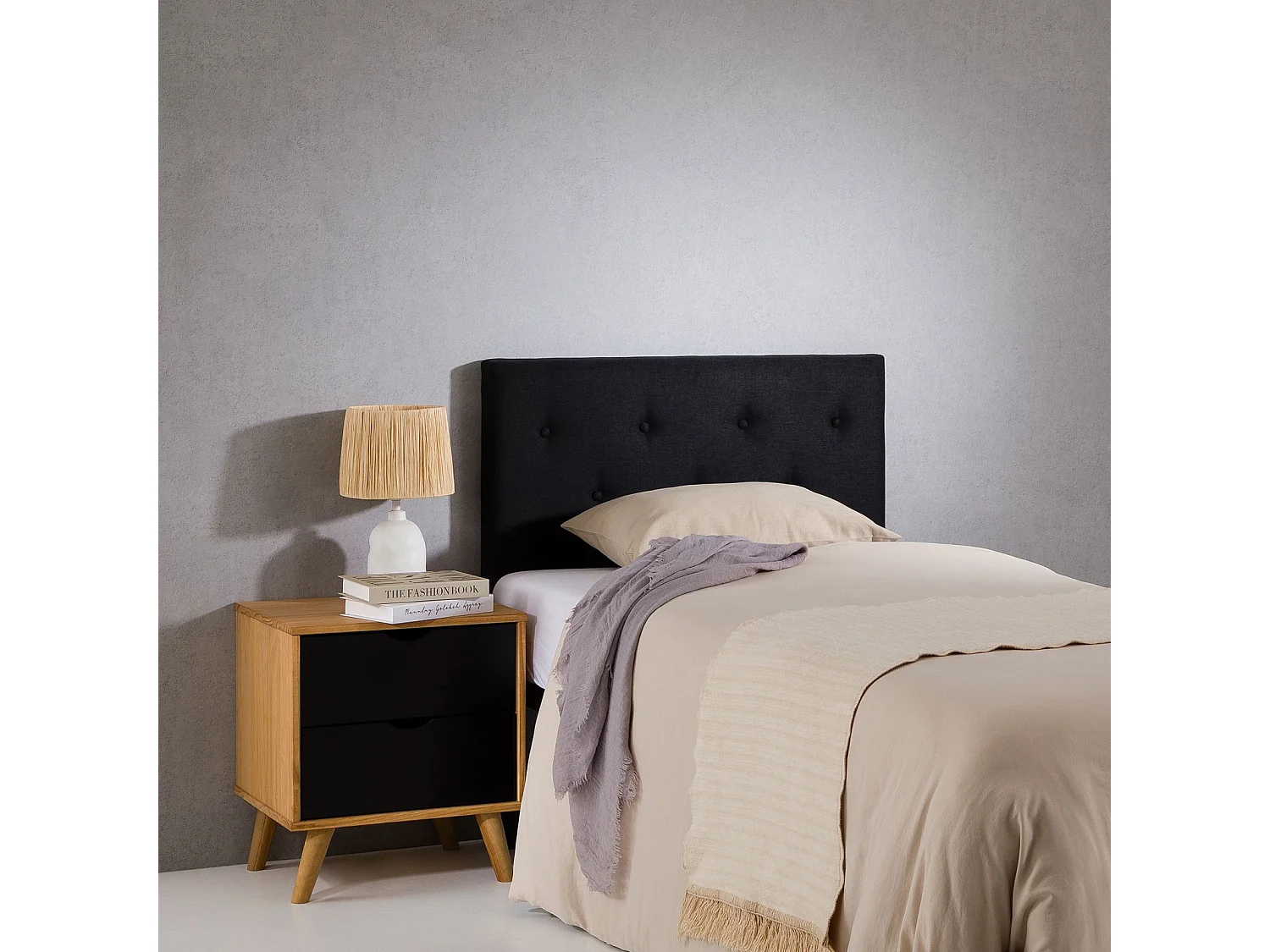 Tête de lit MAVELI 90 capitonnée, En tissu rembourré, Pieds en bois, Design élégant, Pour lits 90 cm, Noir