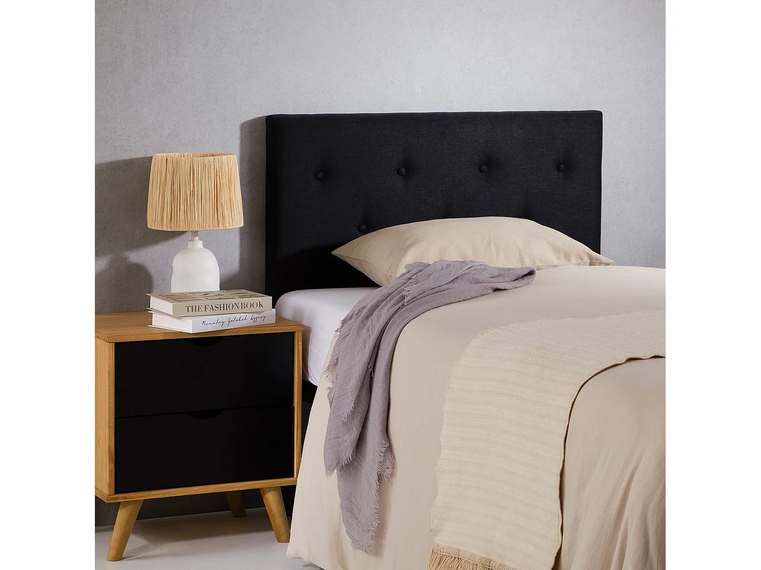 Tête de lit MAVELI 90 capitonnée, En tissu rembourré, Pieds en bois, Design élégant, Pour lits 90 cm, Noir