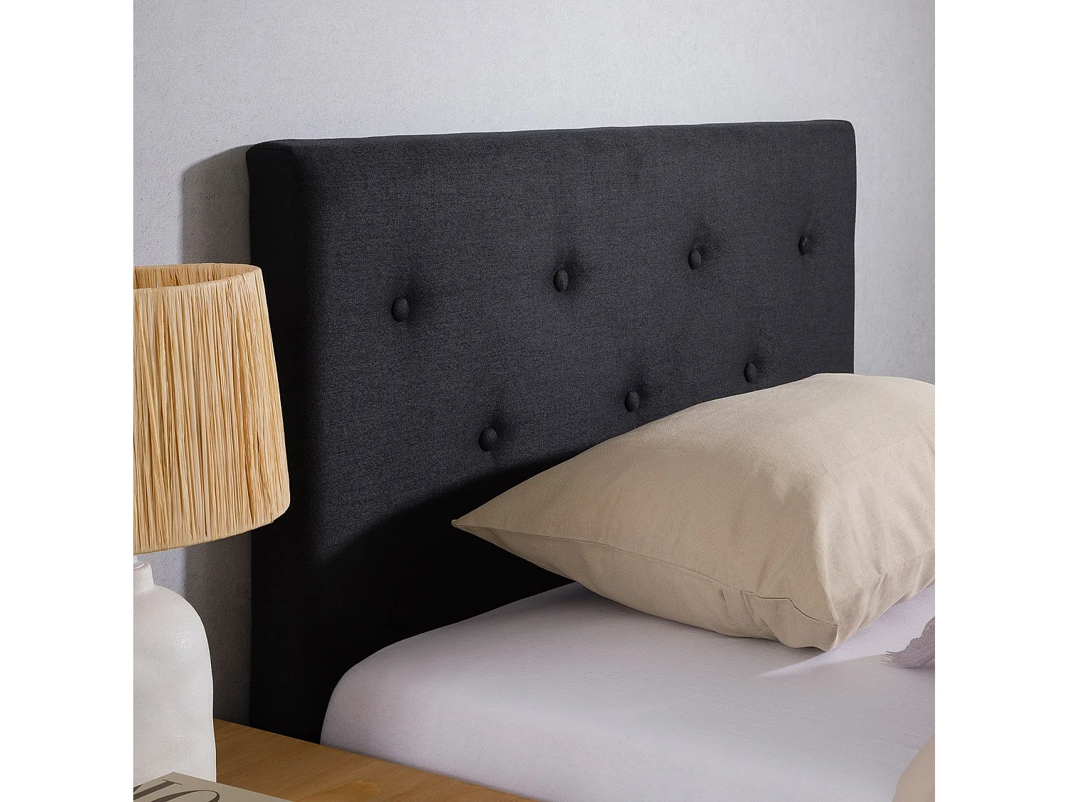 Tête de lit MAVELI 90 capitonnée, En tissu rembourré, Pieds en bois, Design élégant, Pour lits 90 cm, Noir