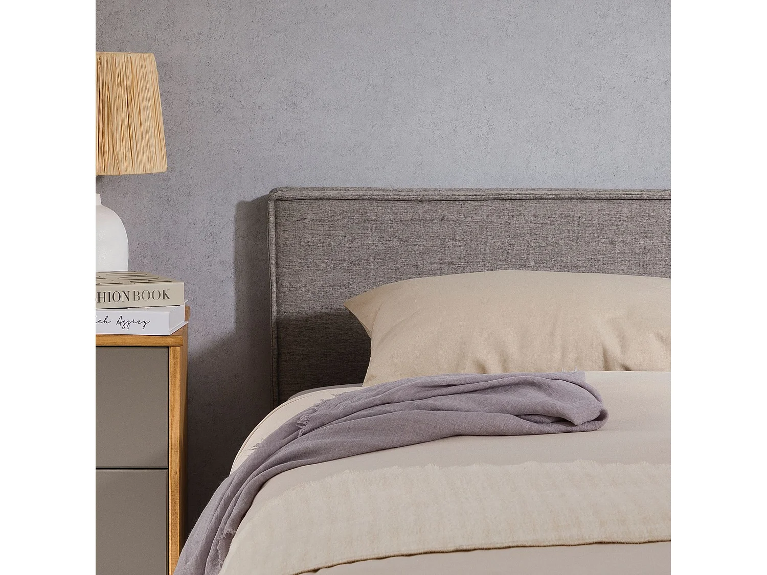 Tête de lit ANISA 90 rembourrée, En tissu polyester pour lit 90 cm, Sur pieds en plastique, Gris