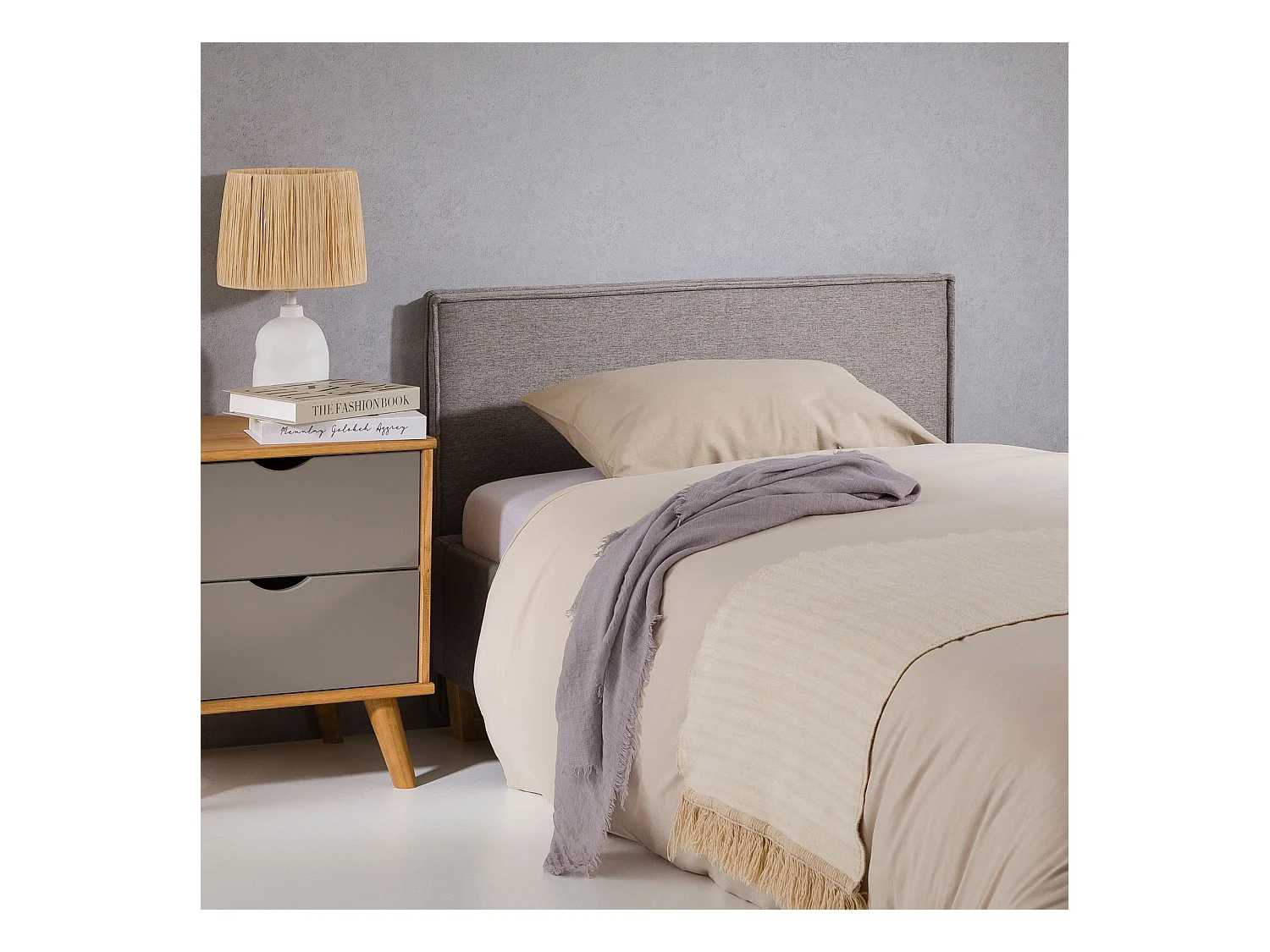 Tête de lit ANISA 90 rembourrée, En tissu polyester pour lit 90 cm, Sur pieds en plastique, Gris