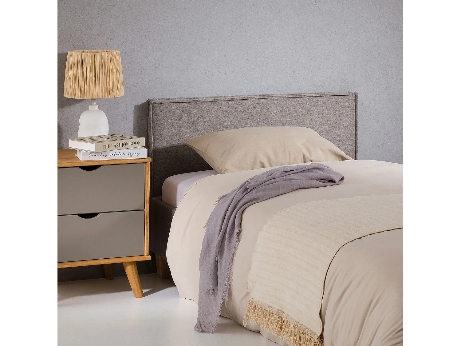 Tête de lit ANISA 90 rembourrée, En tissu polyester pour lit 90 cm, Sur pieds en plastique, Gris