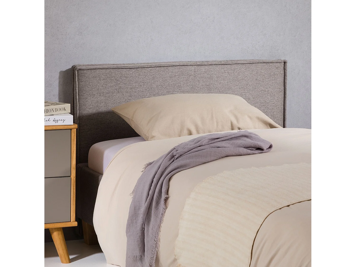 Tête de lit ANISA 90 rembourrée, En tissu polyester pour lit 90 cm, Sur pieds en plastique, Gris