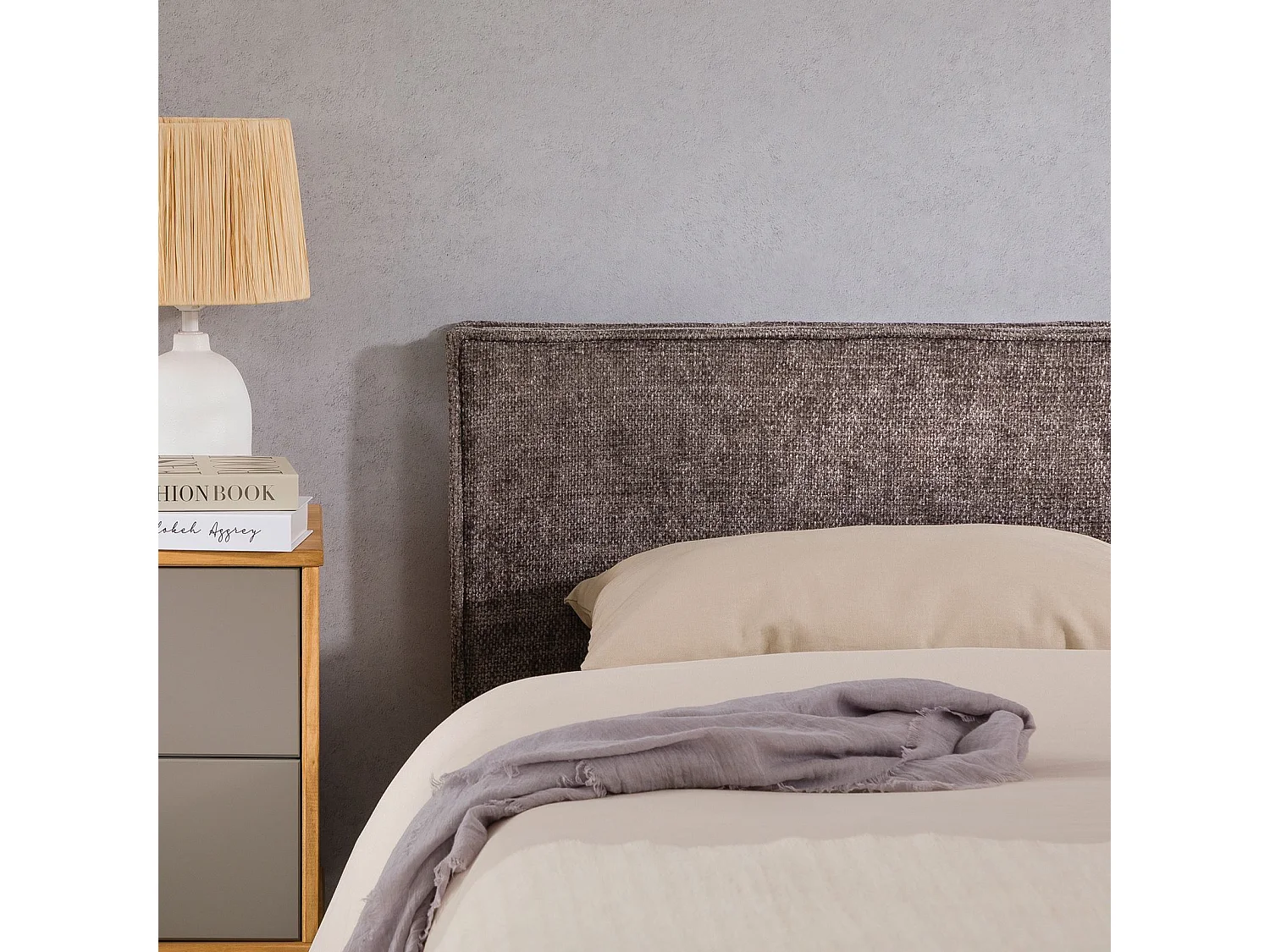 Tête de lit ELOWA 160 rembourrée, En tissu polyester pour lit 160 cm, Sur pieds en plastique, Gris