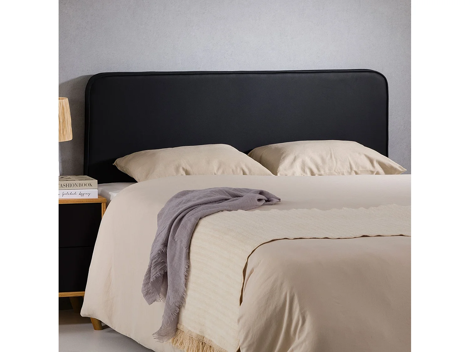 Tête de lit RIVEN 140, Rembourrée, Fixation murale, Design arrondi moderne, Pour lit 140 cm ou moins, Noir